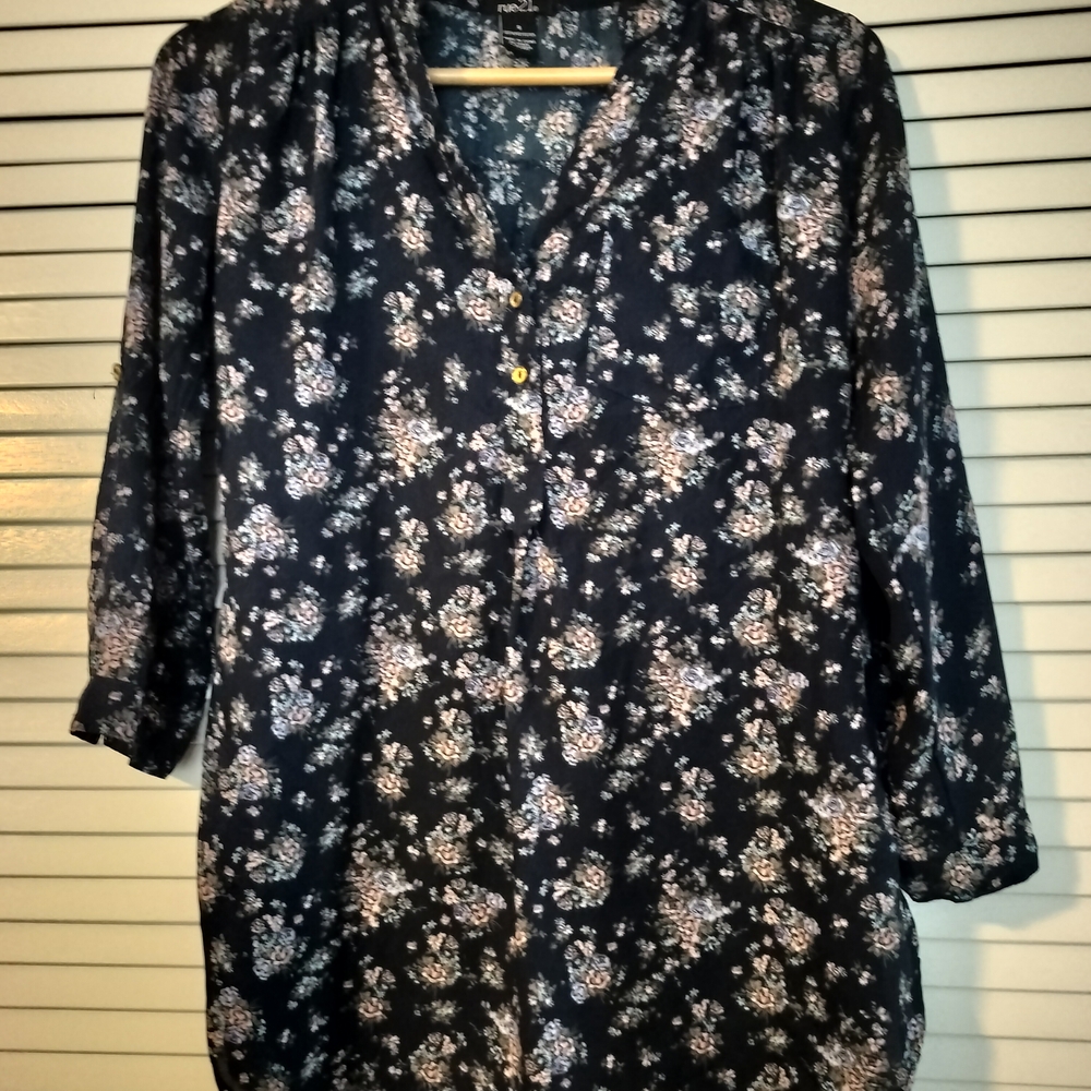 Rue21 Blue Buttoned Blouse with Mandarin Collar